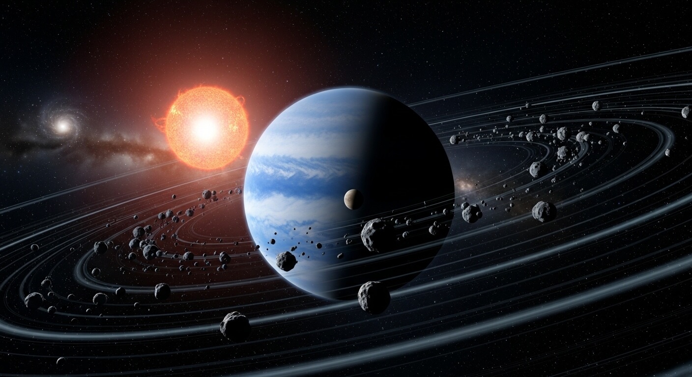 Blue gas giant planet with rings and moons orbiting a bright sun in outer space with distant galaxy visible