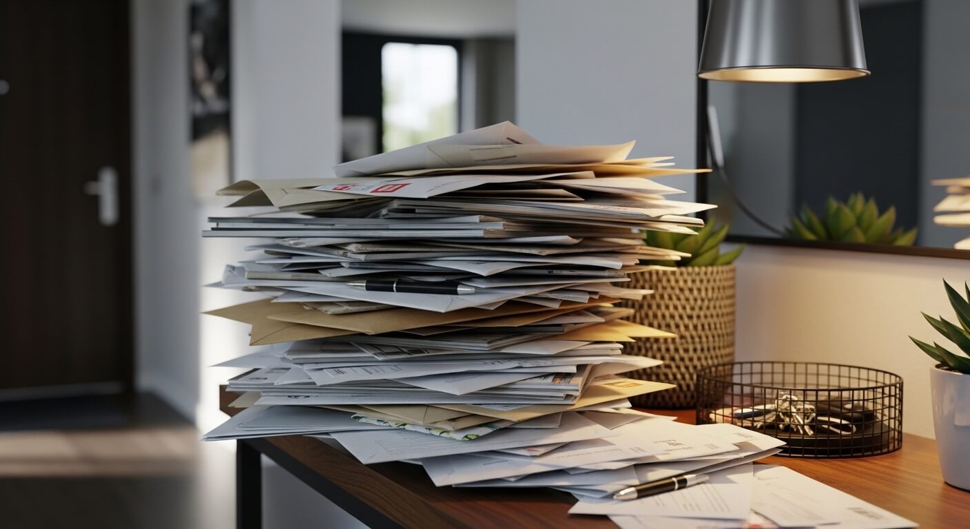Stack of assorted mail and envelopes on a wooden table next to potted plants and a lamp