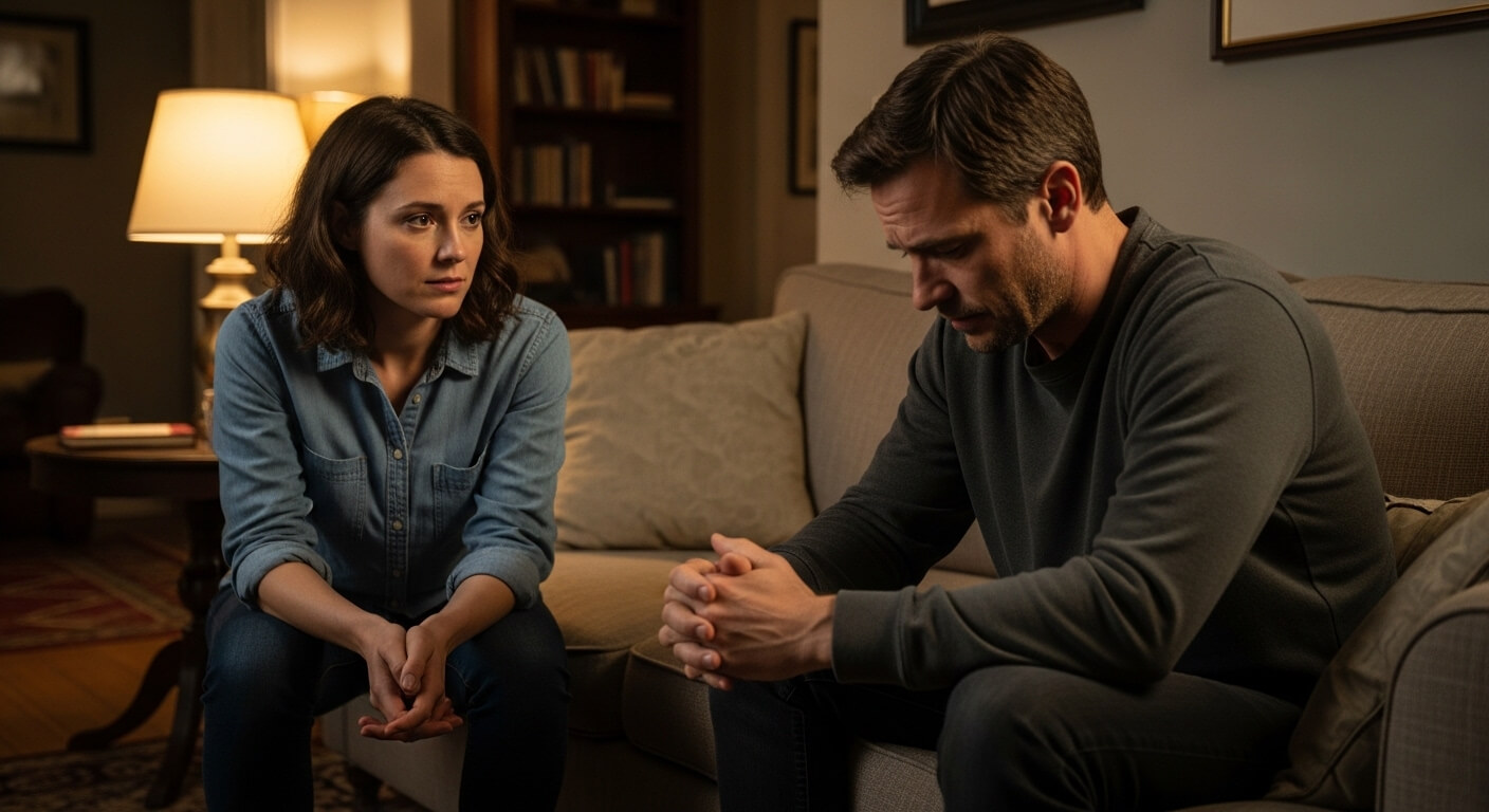A woman in a denim shirt looks concerned while sitting across from a man in a dark sweater who appears distressed on a couch.