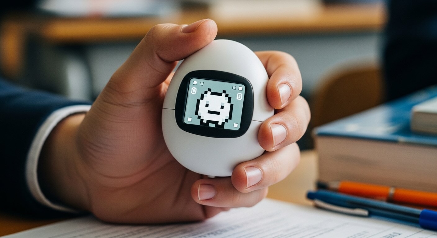 Hand holding a white Tamagotchi-like digital pet device with a pixelated character on screen