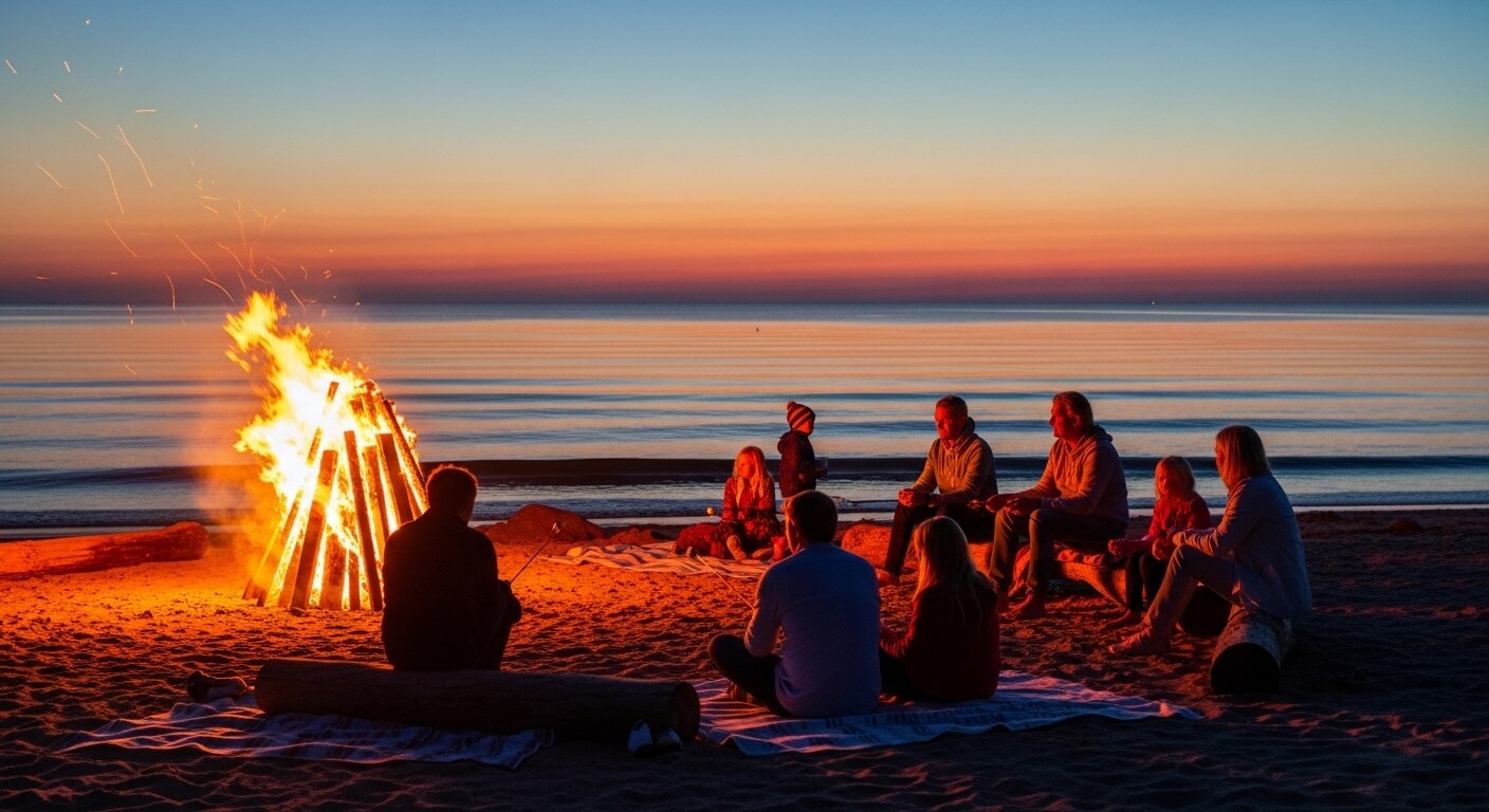 Group of people sitting around a bonfire on the beach at sunset with calm ocean waves in the background