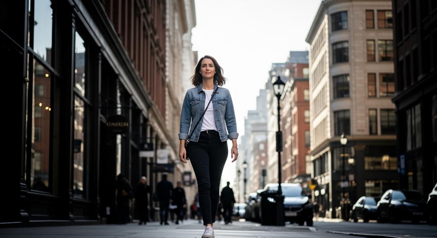 Woman in denim jacket and black pants walking on a city street with buildings and cars in the background
