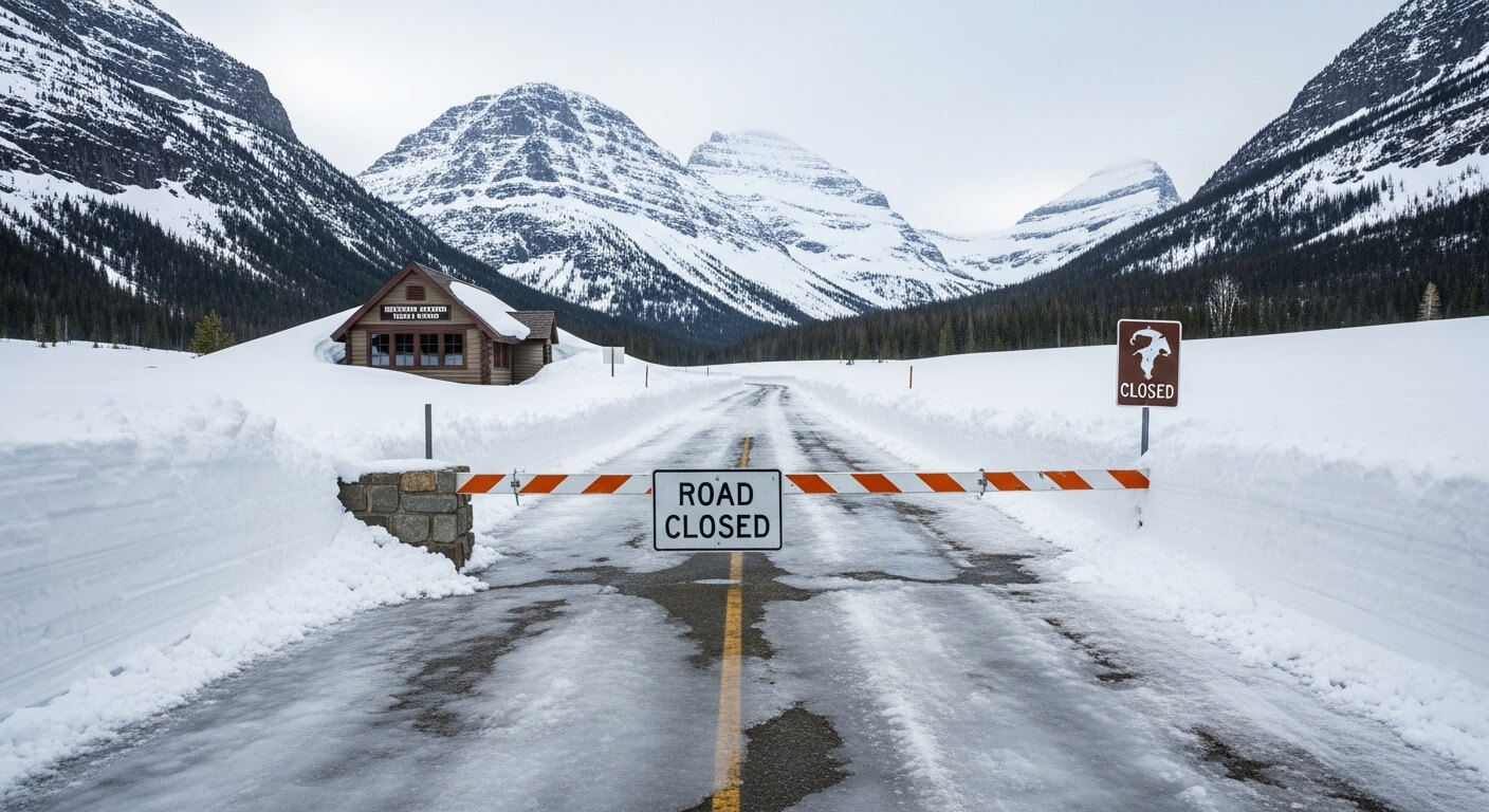 Snow-covered mountain road blocked with "Road Closed" sign and barrier near a wooden ranger station.