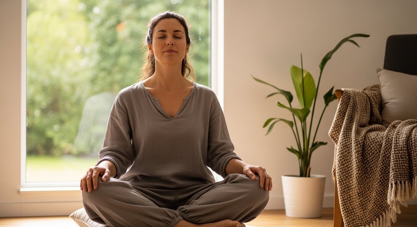 Woman in gray loungewear meditating cross-legged near a window with a potted plant and couch with blanket.