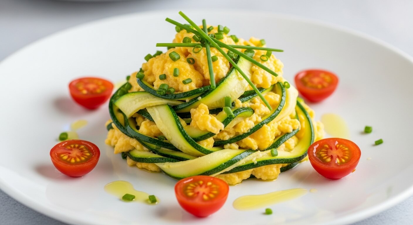 Scrambled eggs with zucchini ribbons garnished with chives and halved cherry tomatoes on a white plate.