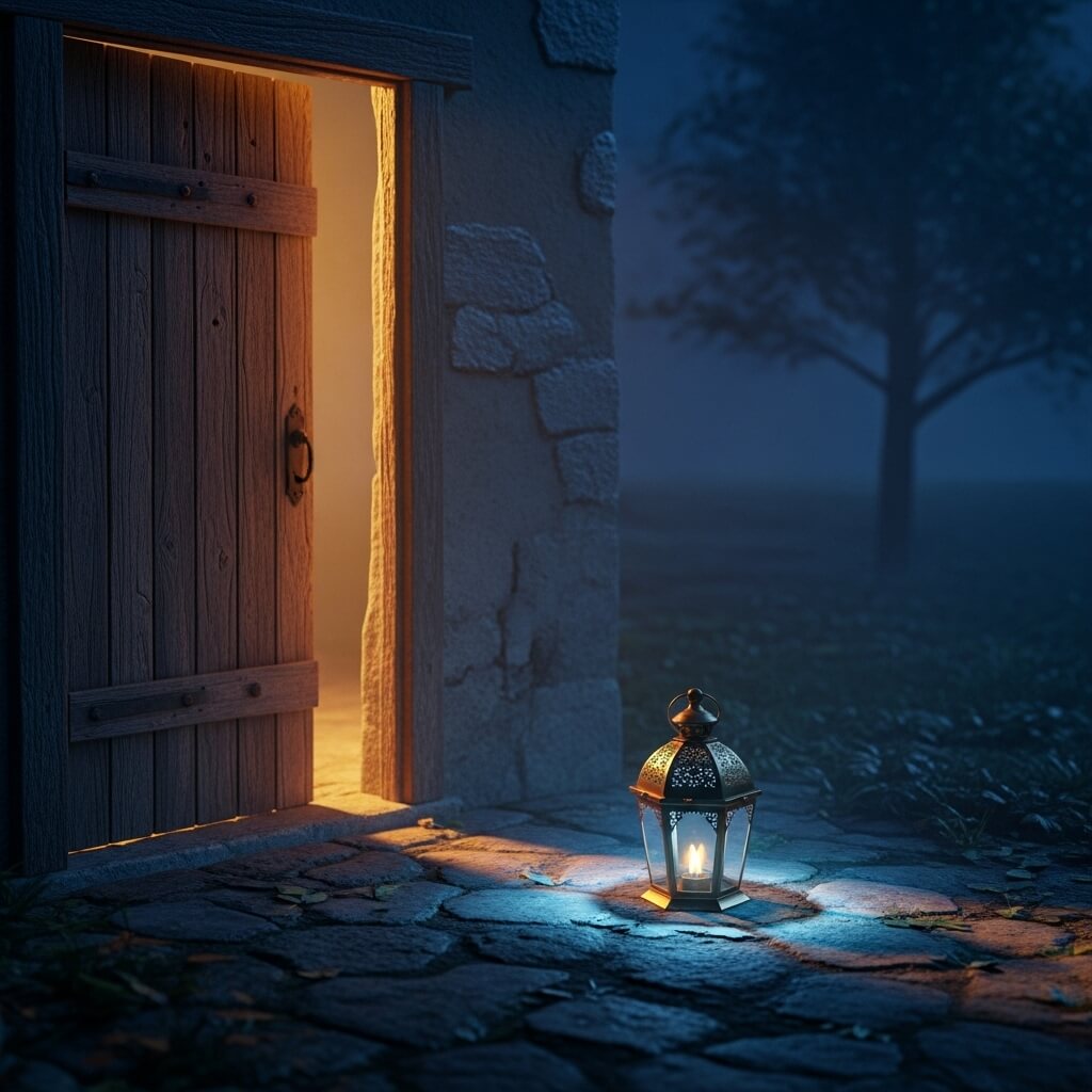 Menyalakan lentera di jalan batu di luar pintu kayu yang sebagian terbuka dengan cahaya hangat di dalam pada malam hari