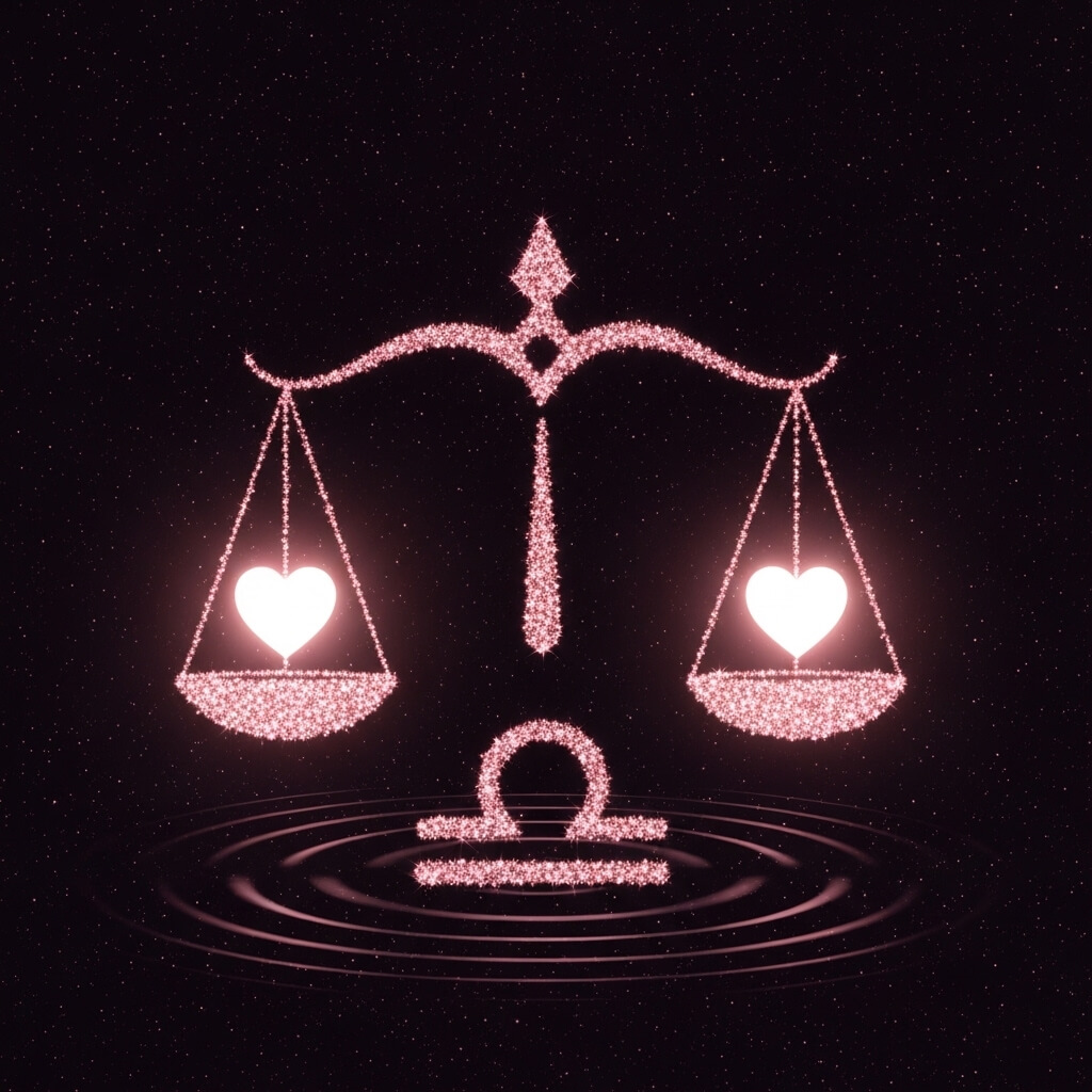 Sisik zodiak Libra merah muda bersinar dengan hati seimbang di atas simbol Libra dengan latar belakang berbintang gelap.