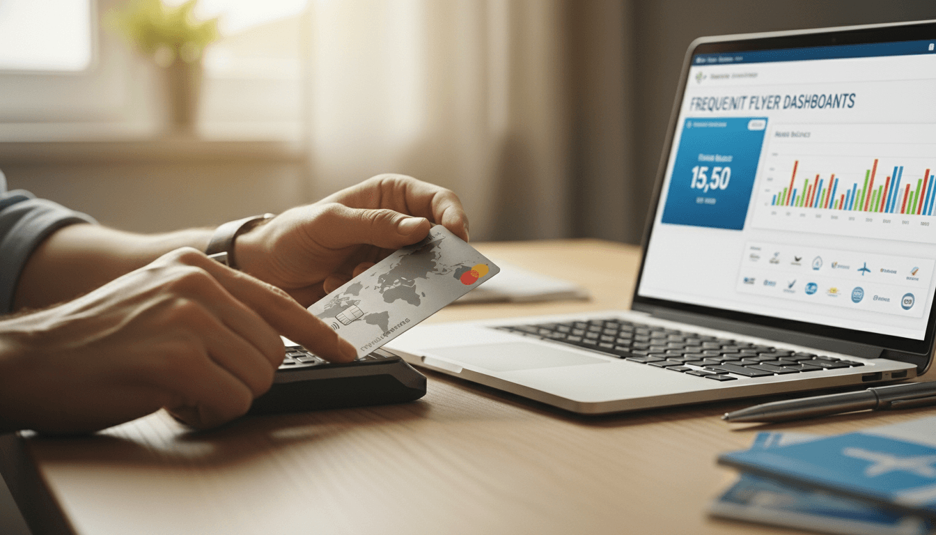 Person holding a Mastercard credit card near a laptop displaying a frequent flyer dashboard with travel data and graphs