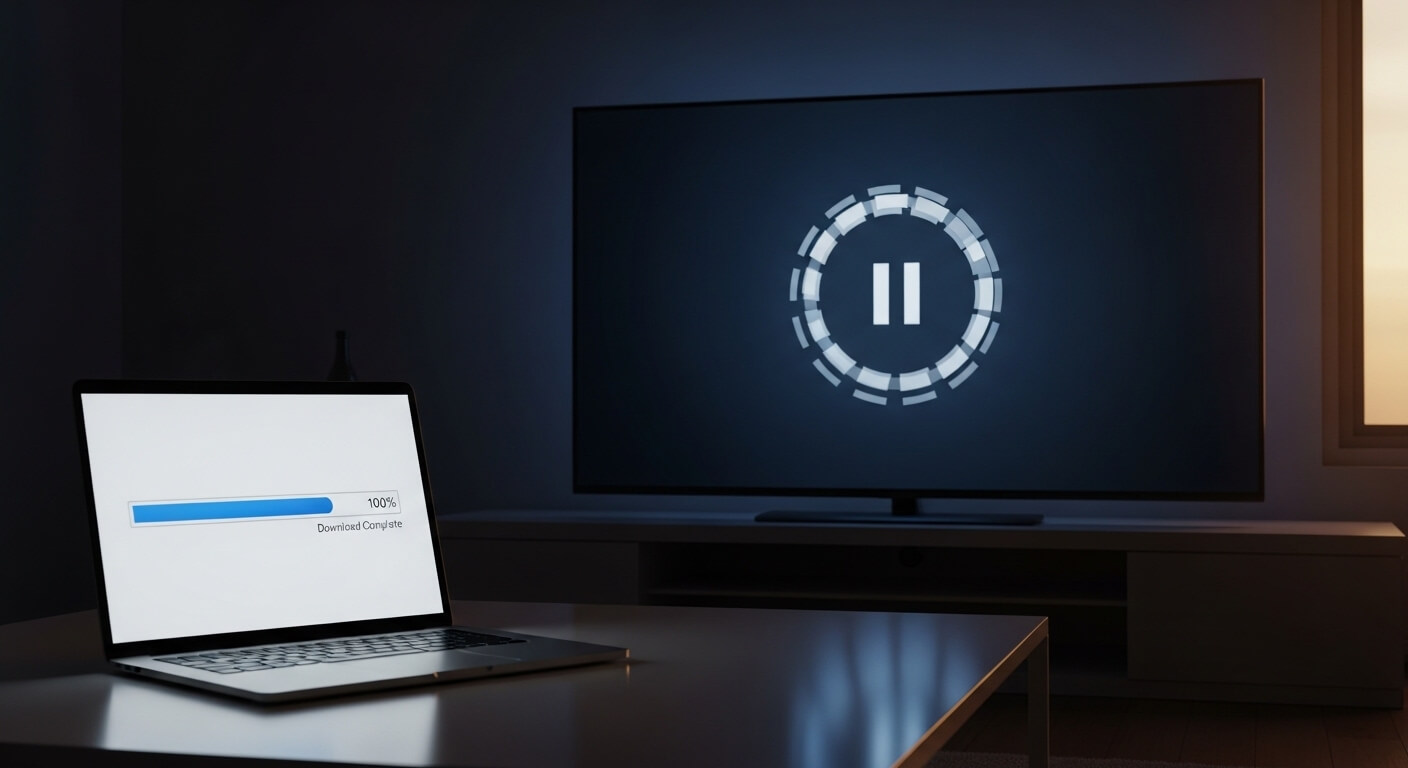 Laptop showing 100% download complete next to a TV screen displaying a paused loading icon in a dark room.