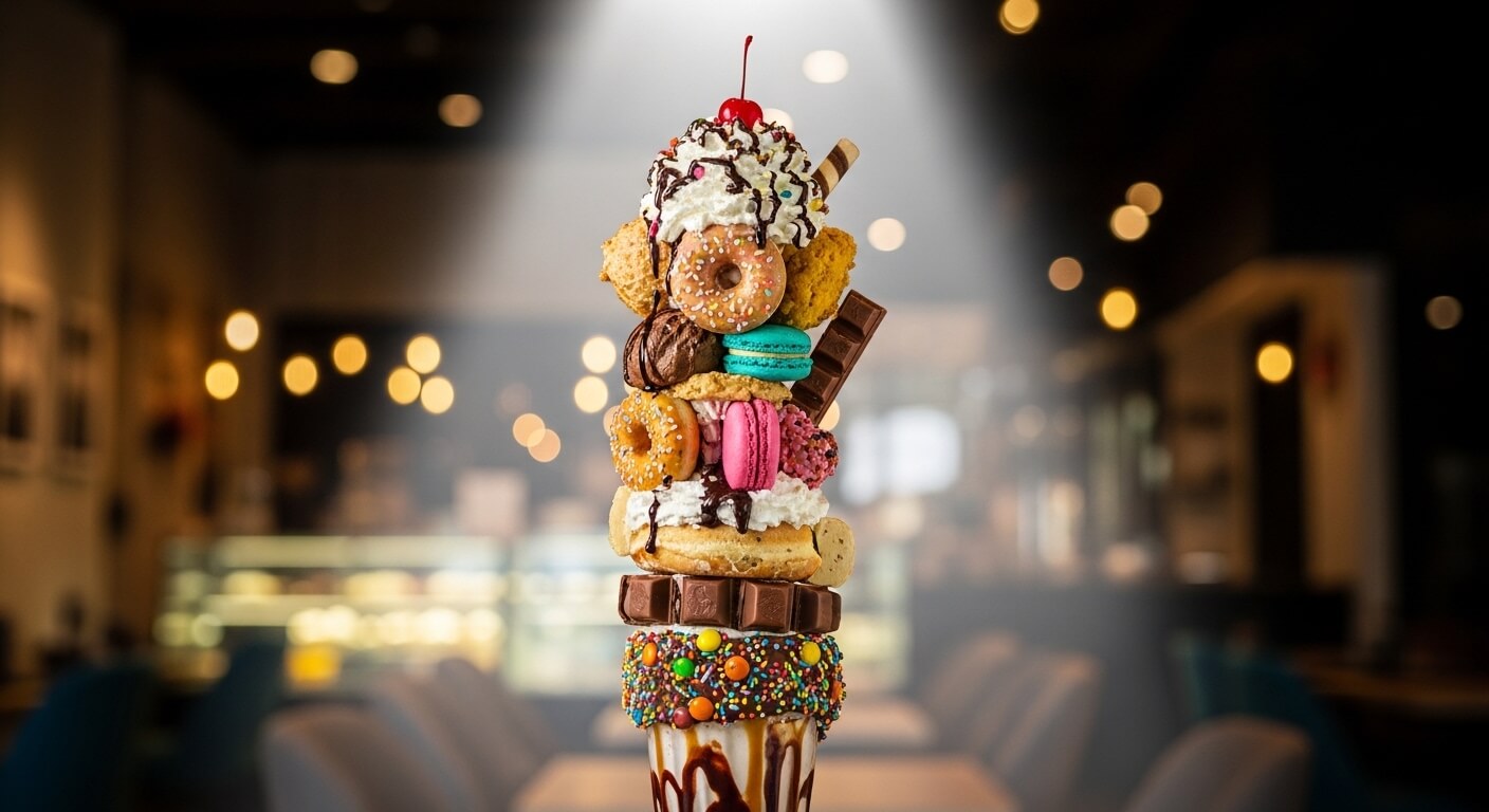 Tall milkshake topped with donuts, macarons, chocolate bars, whipped cream, and a cherry in a cafe setting
