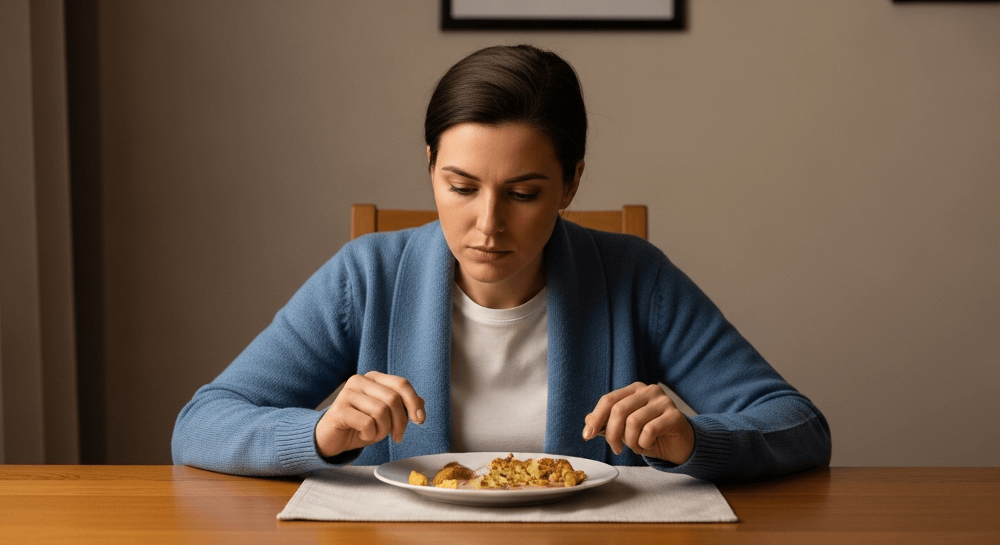 Woman in blue cardigan looking at a small portion of food on a white plate at a wooden table.