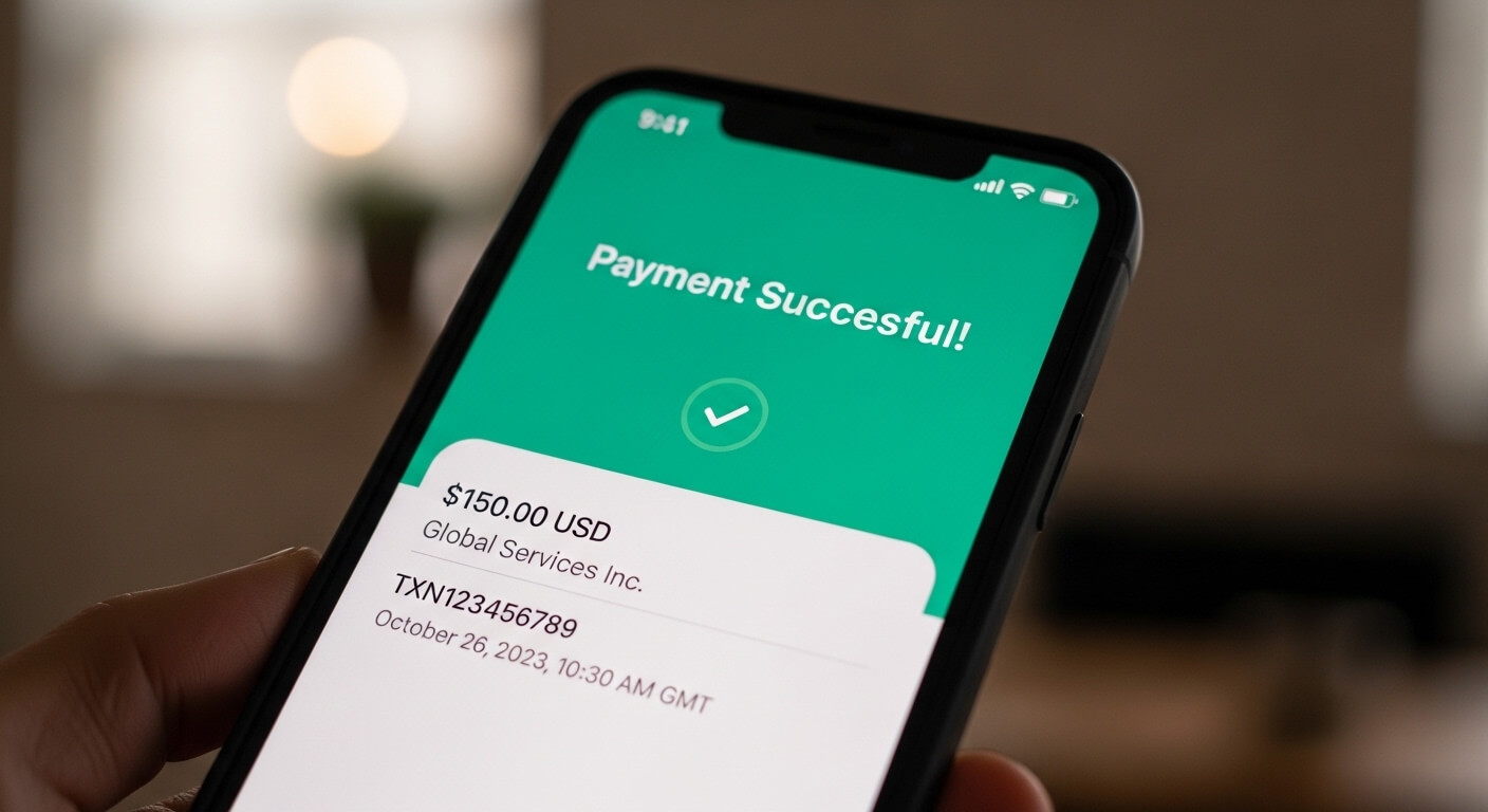Smartphone screen showing a successful $150 payment to Global Services Inc. with transaction ID and timestamp.