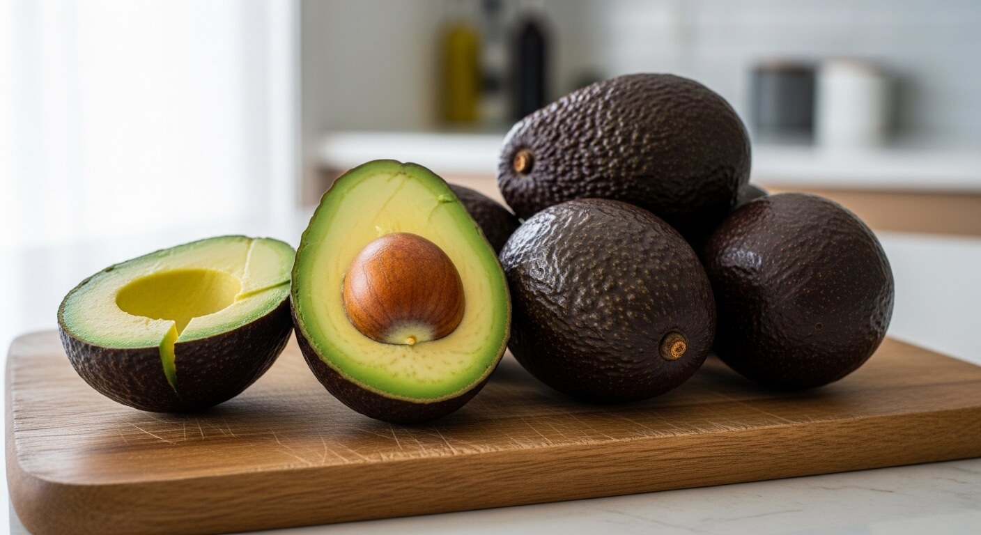 Ripe Hass avocados whole and halved on a wooden cutting board in a kitchen setting