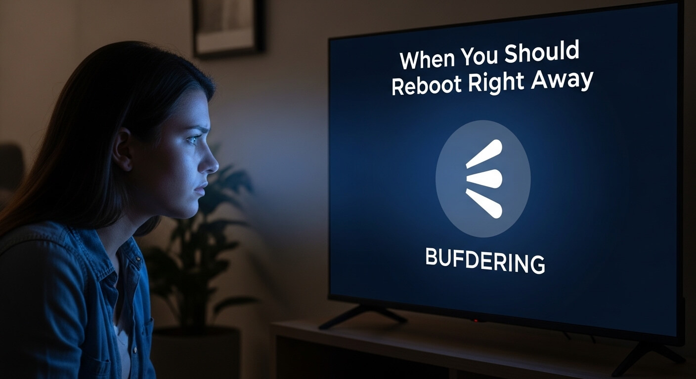 Woman watching TV screen displaying "When You Should Reboot Right Away" and buffering icon with misspelled "BUFDERING" text