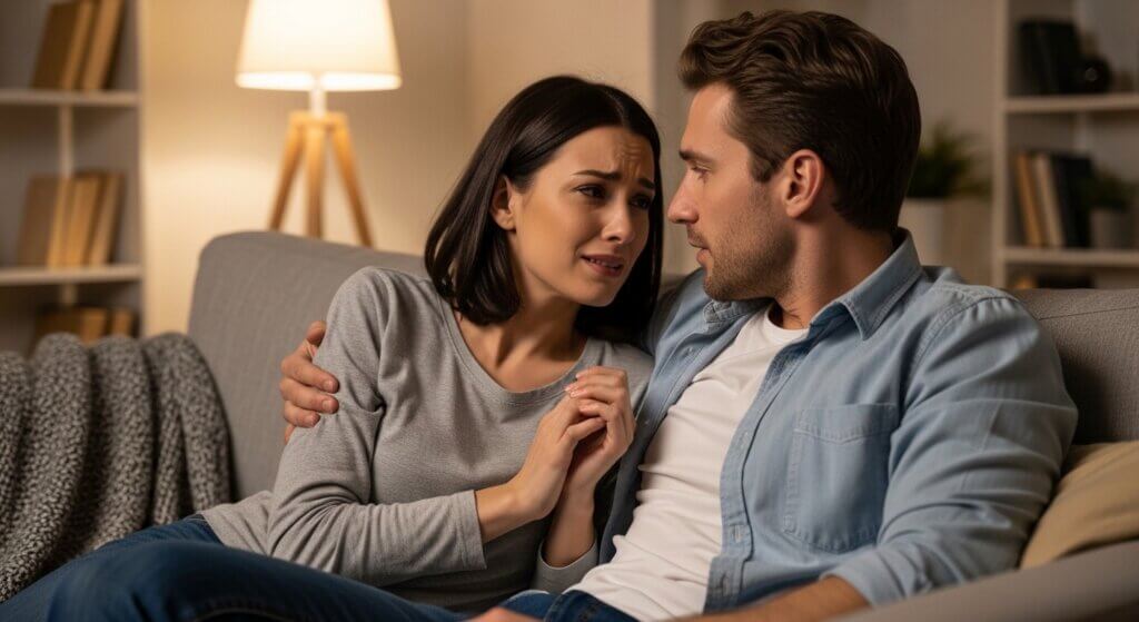 Couple sitting on a couch, woman looking upset and holding hands with man comforting her.