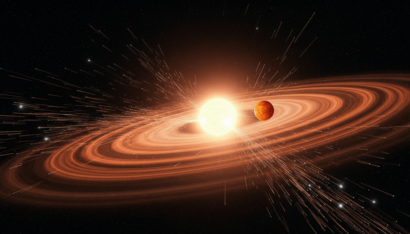 Artist's illustration of a star with a surrounding dust disk and a nearby rocky exoplanet in space