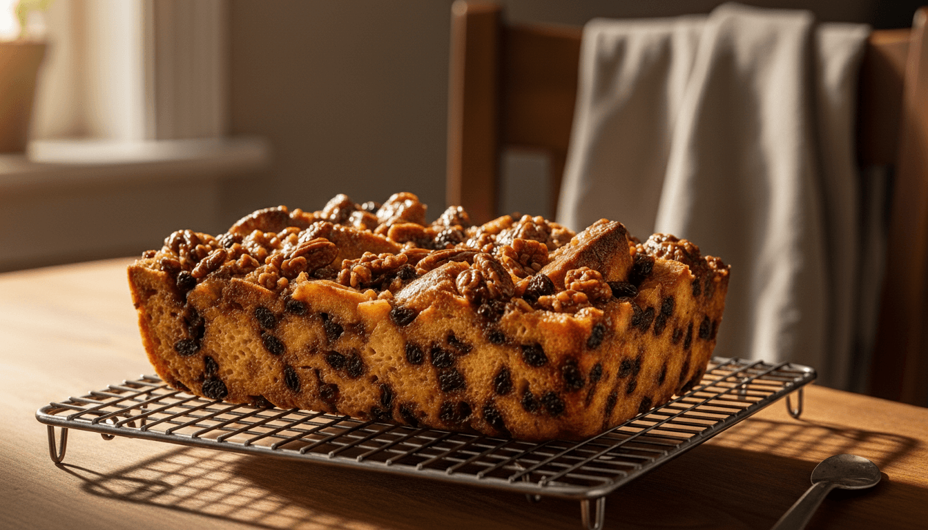 Homemade bread pudding with raisins and pecans cooling on a wire rack on a wooden table