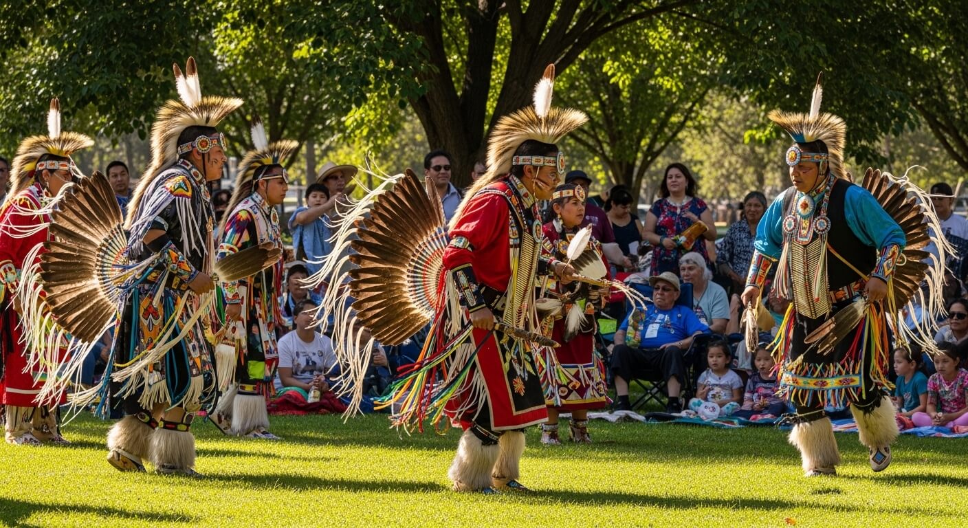 Native American men in traditional regalia performing a dance at an outdoor cultural event with spectators.