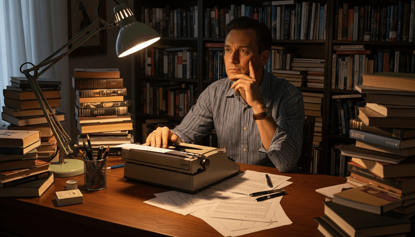 Man in striped shirt sitting at desk with typewriter, surrounded by stacks of books and papers under a desk lamp