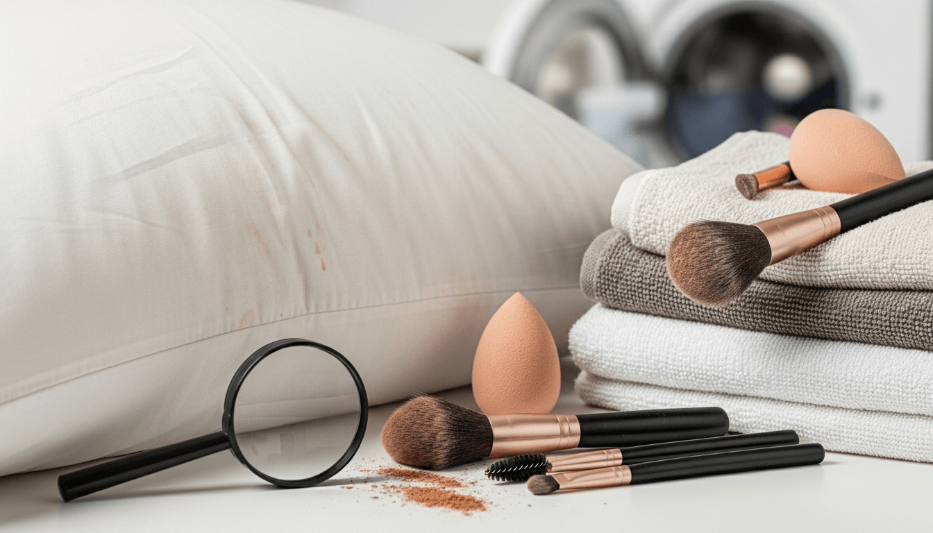 Makeup brushes, beauty sponges, and a magnifying glass near a stained pillow and folded towels.