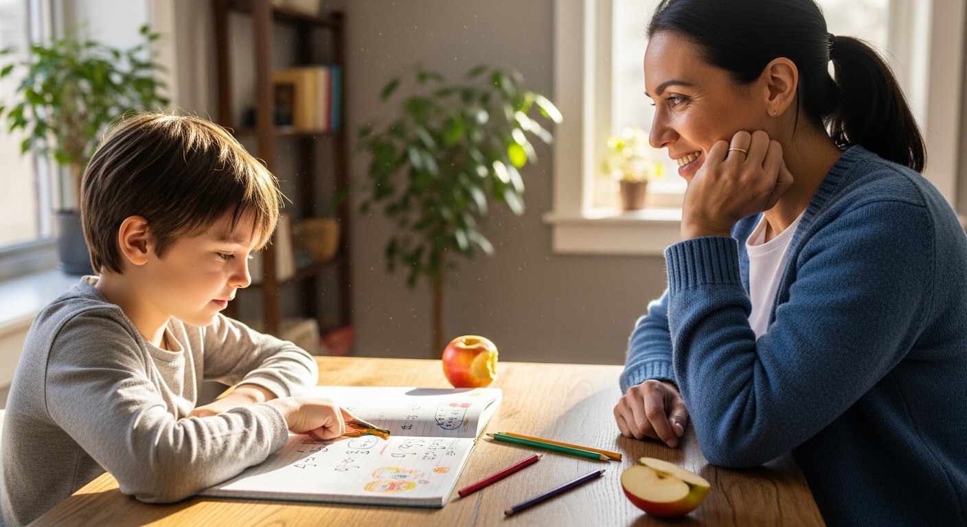 Young boy doing homework with a smiling woman watching, pencils and apple slices on the table in a sunlit room.