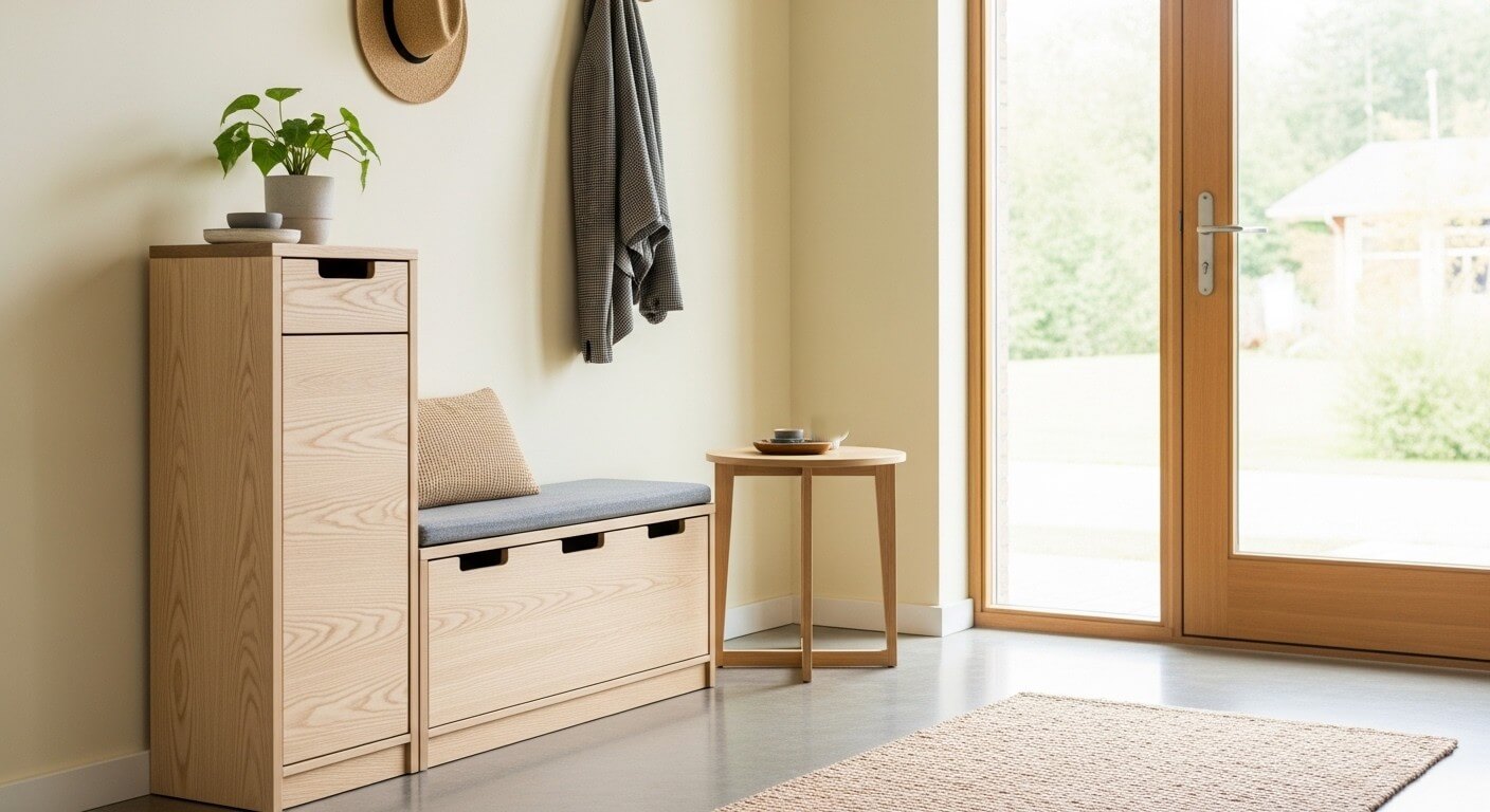 Minimalist entryway with light wood storage bench, tall cabinet, small round table, and large glass door.