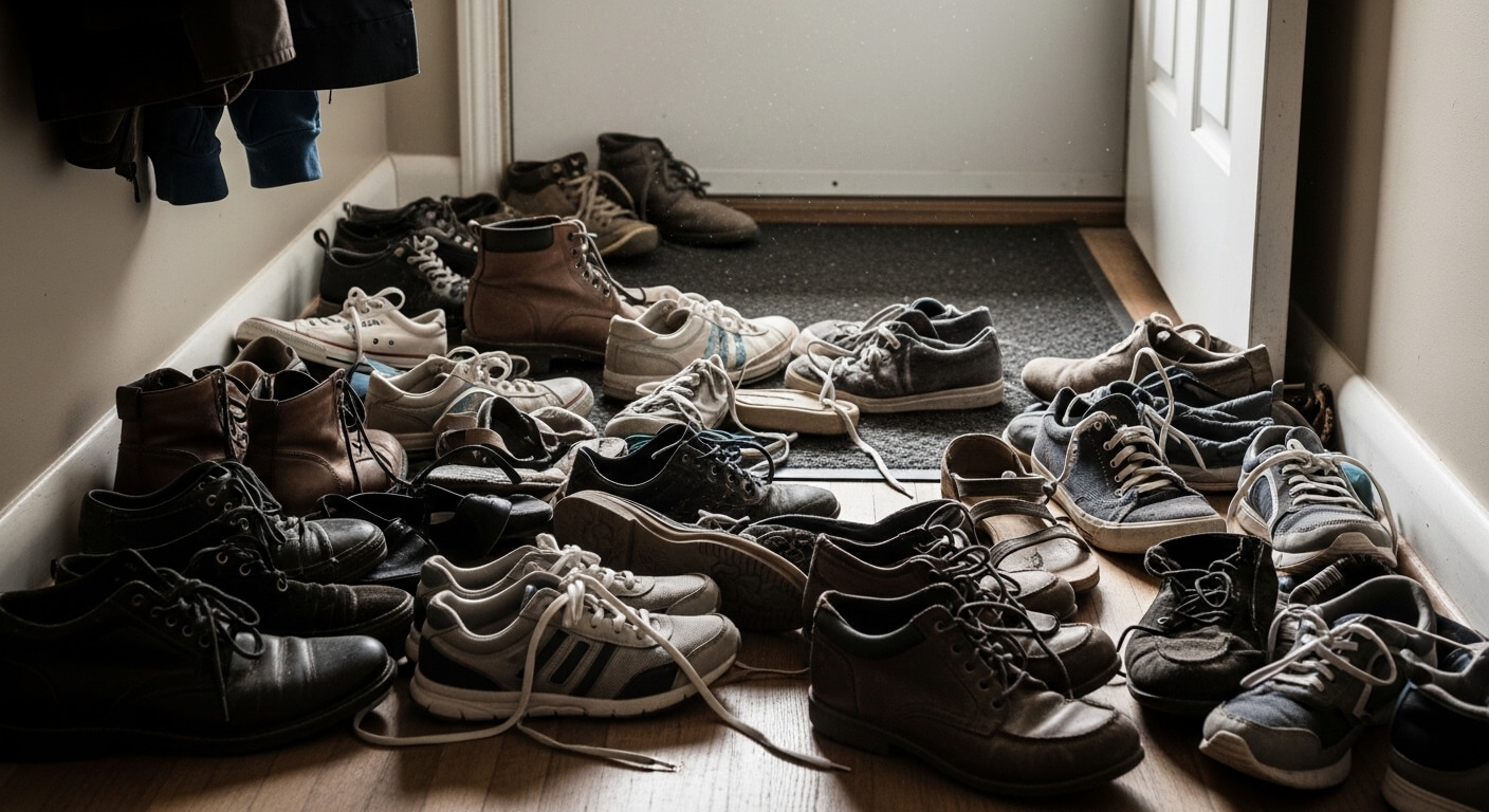 Multiple pairs of various shoes and sneakers scattered on a floor near an entrance door.