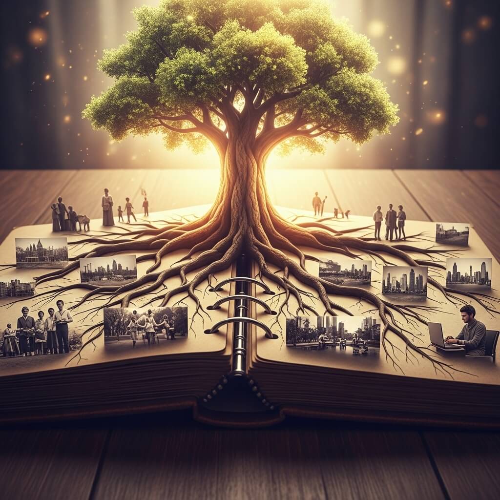 Pohon dengan akar tumbuh dari buku terbuka, dikelilingi oleh foto keluarga kuno dan seorang pria yang bekerja menggunakan laptop.