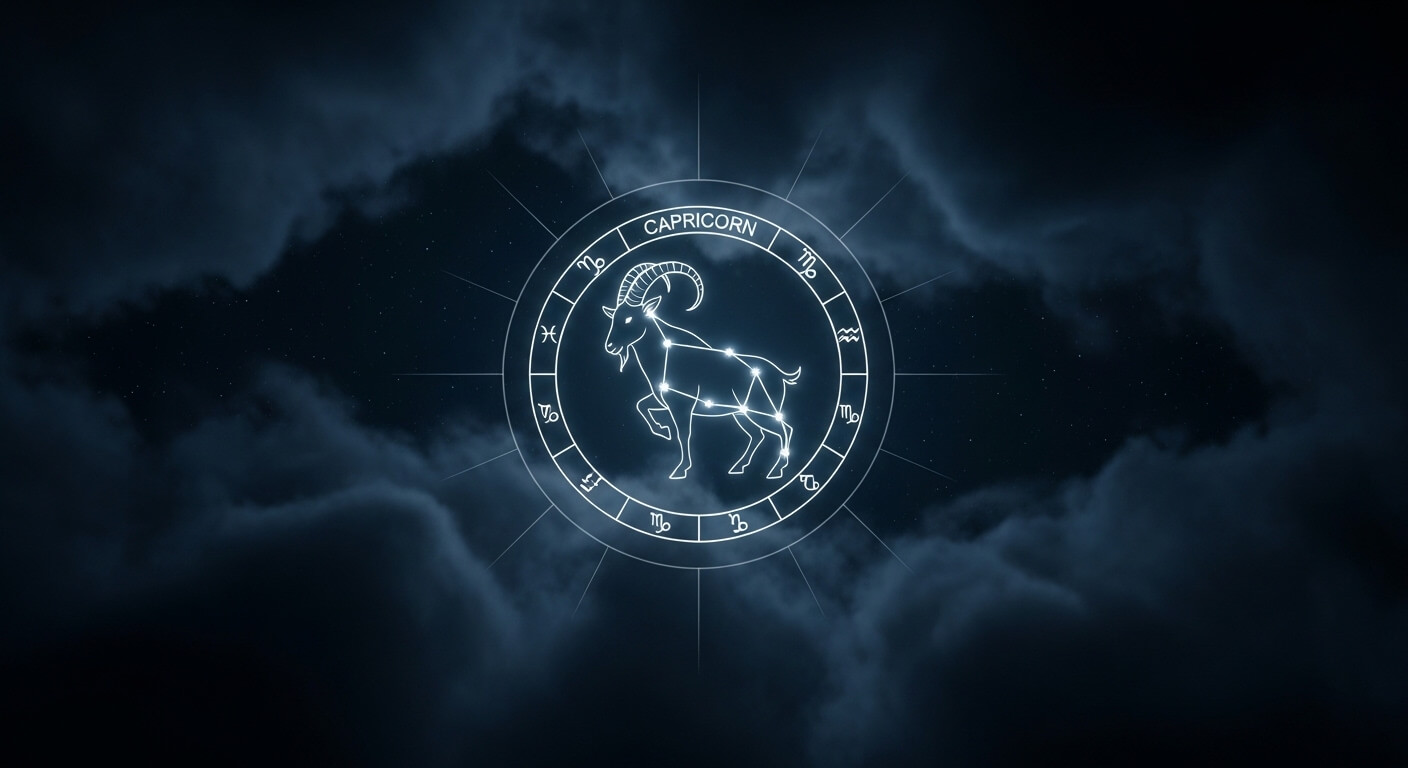 Capricorn zodiac constellation glowing in a circular astrological chart surrounded by dark clouds at night