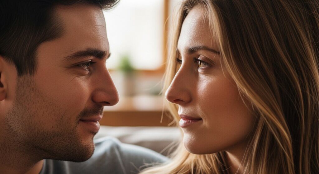 Close-up of a man and woman looking into each other's eyes with soft smiles.