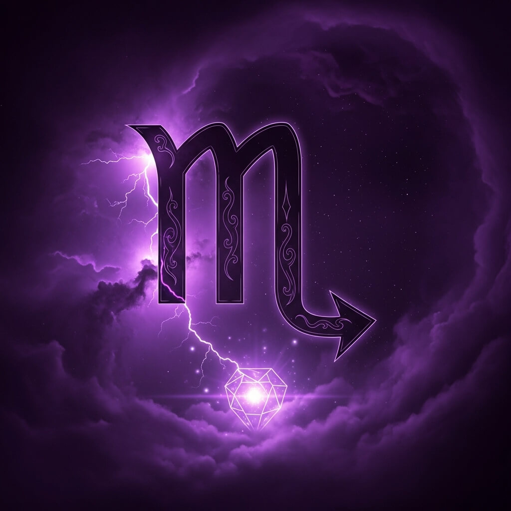 Simbol zodiak Scorpio ungu bersinar dengan kilat dan bentuk hati geometris dengan latar belakang kosmik mendung