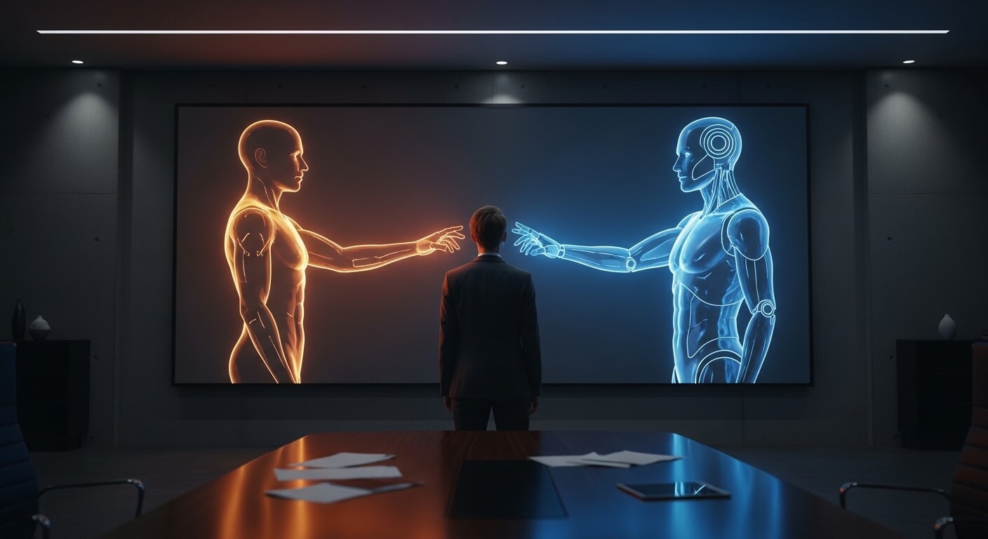 Person in suit watching a digital display of an orange human figure and a blue robot figure reaching toward each other