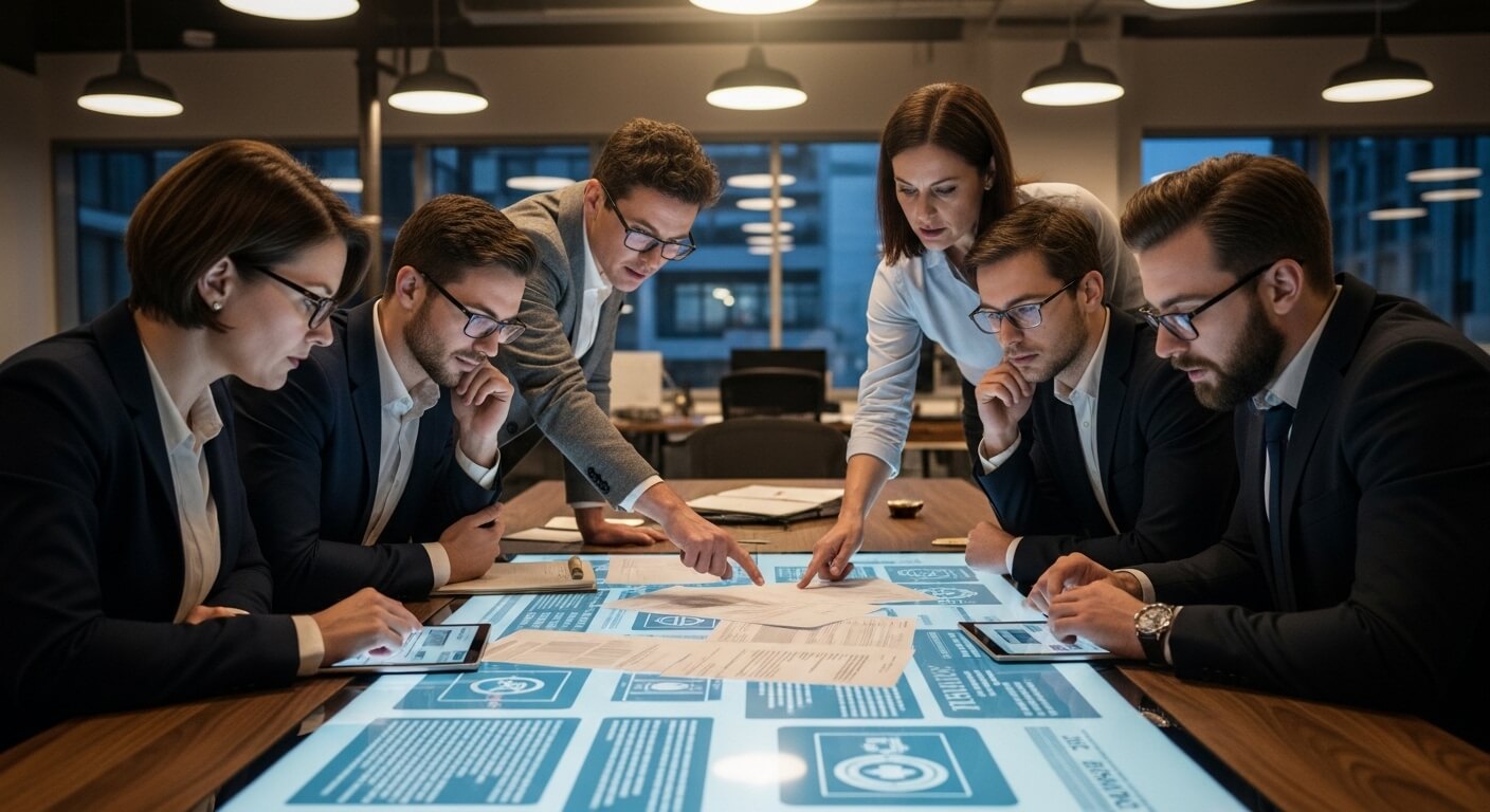 Six business professionals in suits collaborating over documents and digital tablets on a large interactive table in an office.