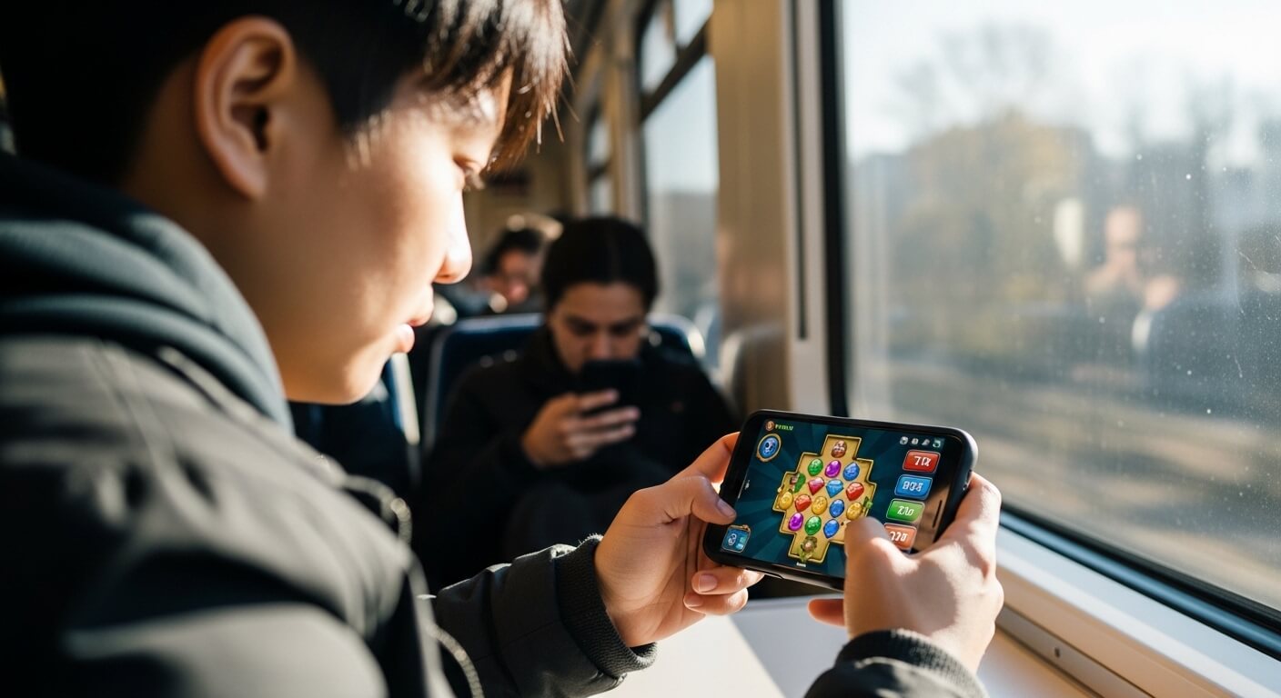 Person playing a colorful puzzle game on a smartphone while sitting by a train window.