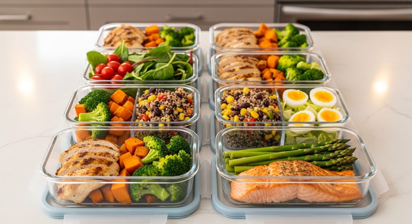 Meal prep containers with grilled chicken, salmon, quinoa salad, boiled eggs, asparagus, broccoli, spinach, cherry tomatoes, and sweet potatoes.