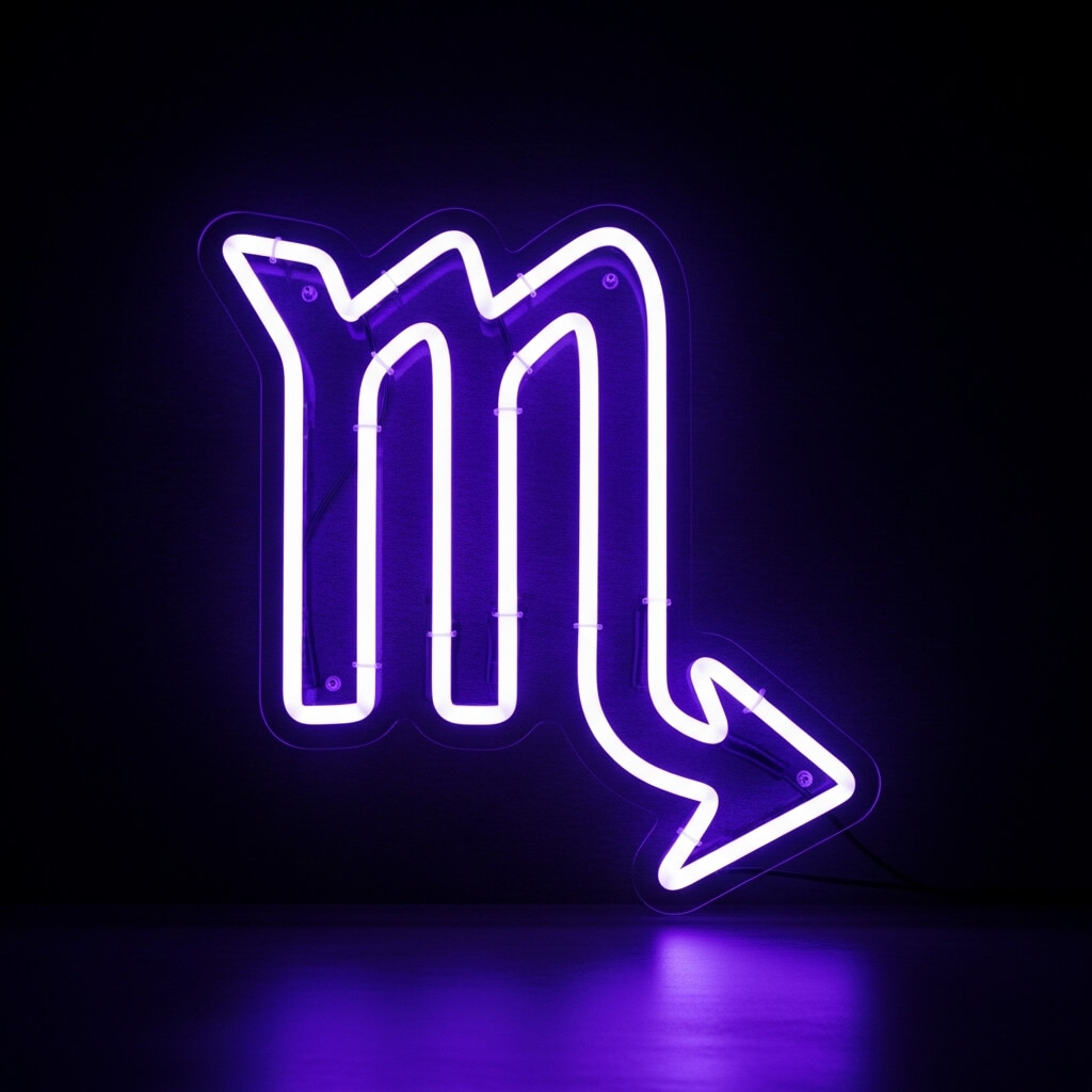 Purple neon sign of the Scorpio zodiac symbol with an arrow on a dark background