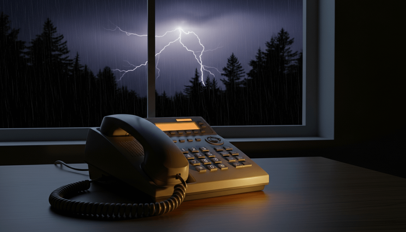 Corded office telephone on a desk with lightning and rain visible through a window at night.