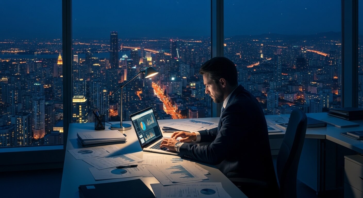Man in suit working on laptop with financial charts in high-rise office at night overlooking cityscape