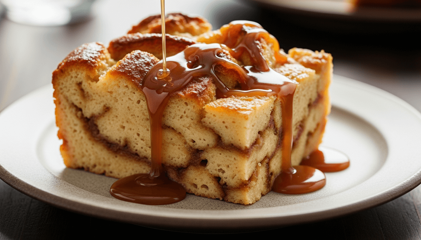 Cinnamon swirl coffee cake slice with caramel sauce being poured on top on a beige plate.