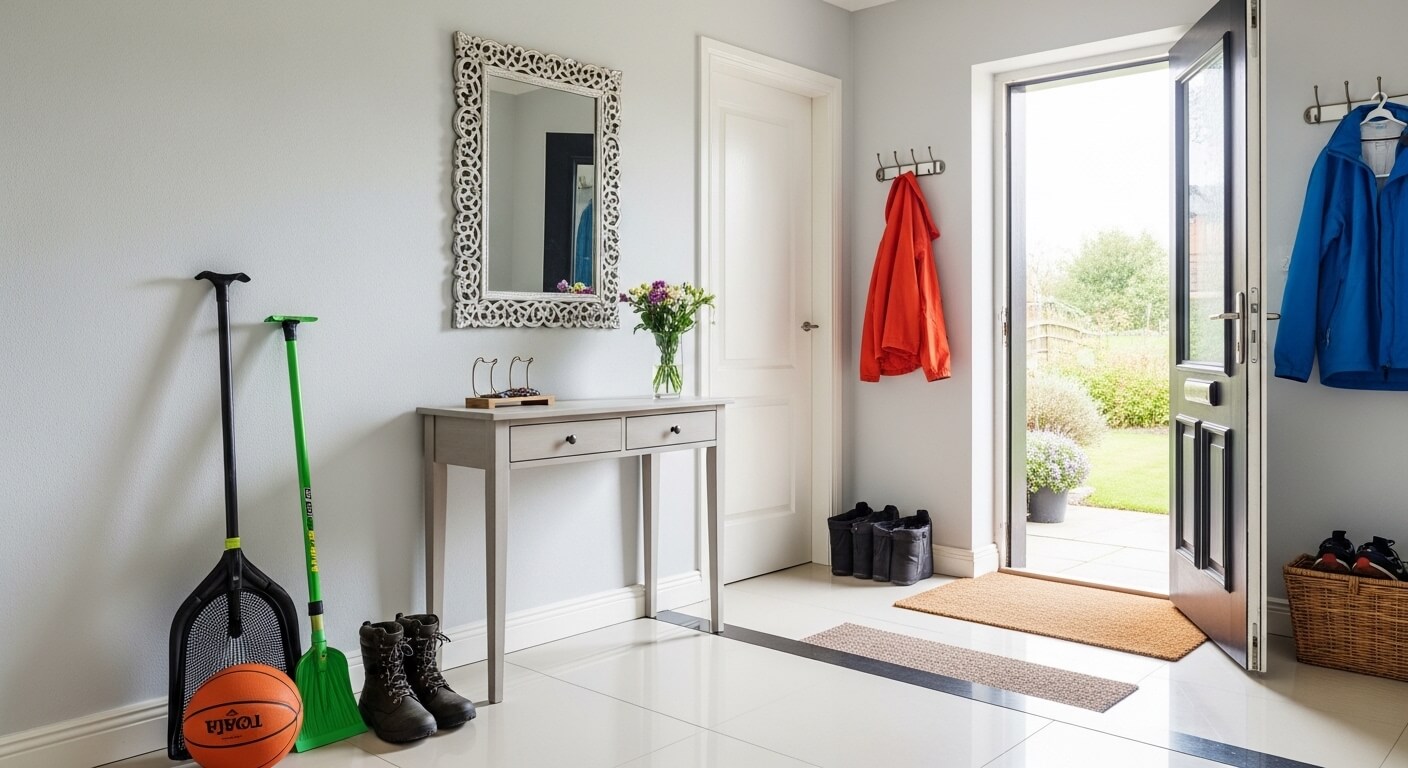 Entryway with open black door, gray console table with flowers, coats on hooks, boots, and sports equipment on tiled floor