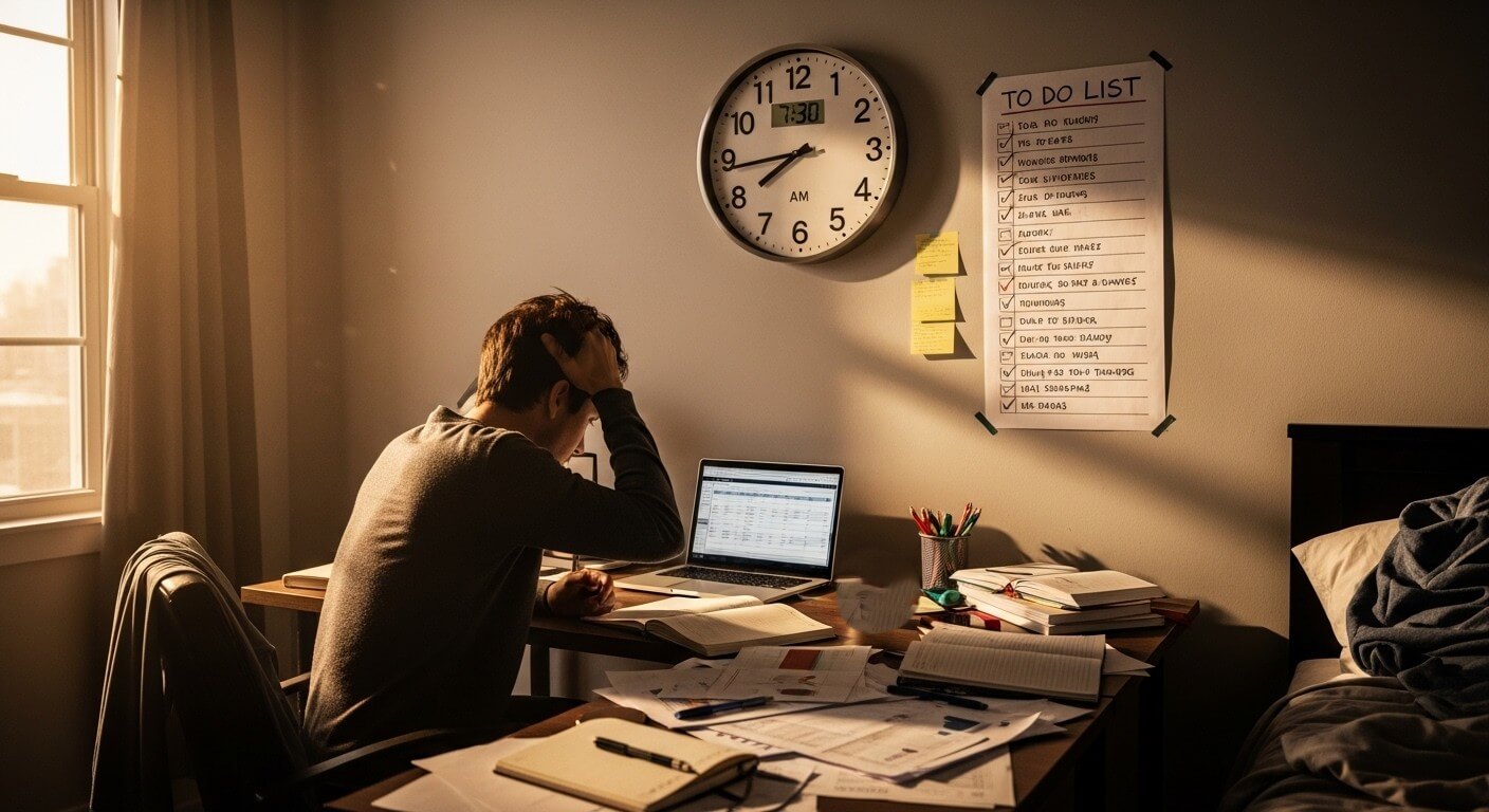 Person sitting at a cluttered desk with papers and a laptop, holding their head, under a clock showing 7:30 AM and a to-do list on the wall.