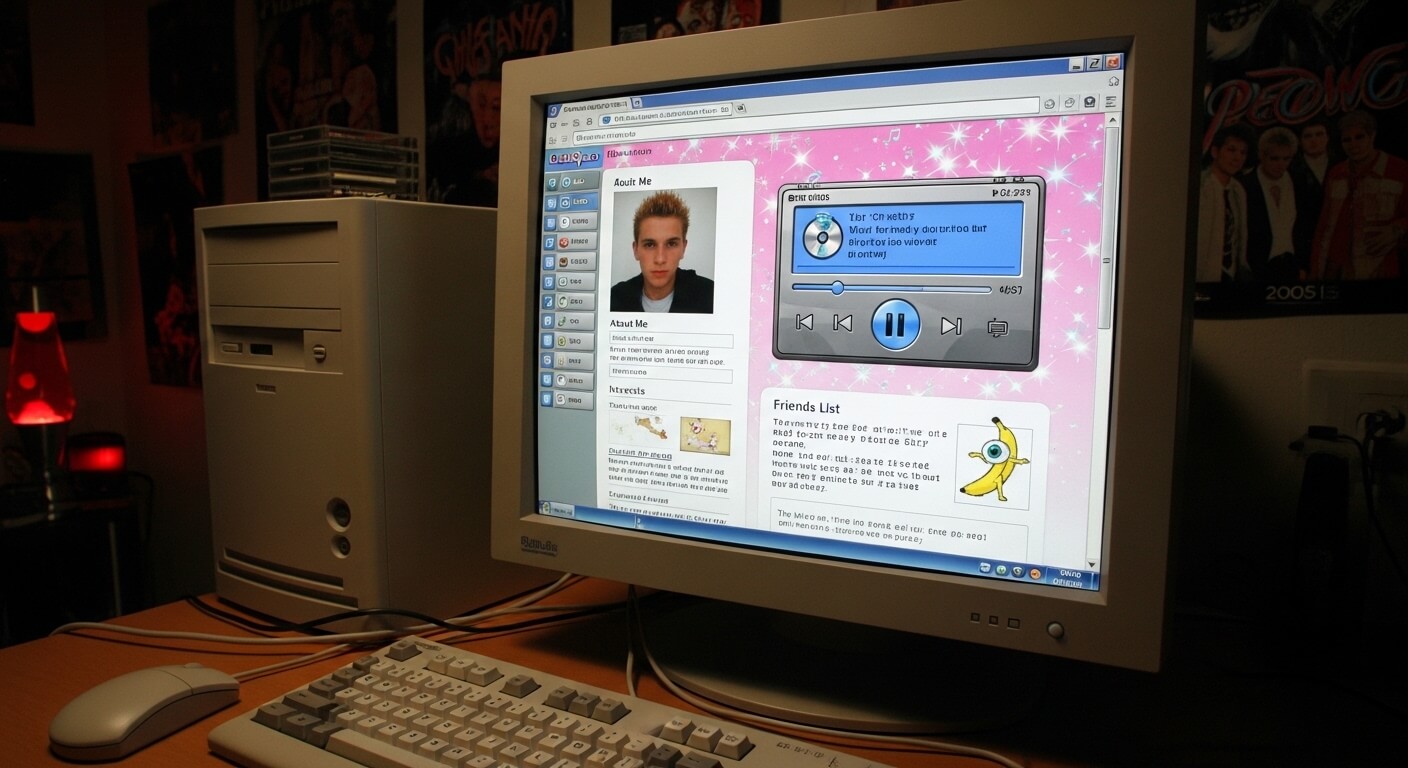 Desktop computer setup with CRT monitor displaying a retro social media profile and media player interface.