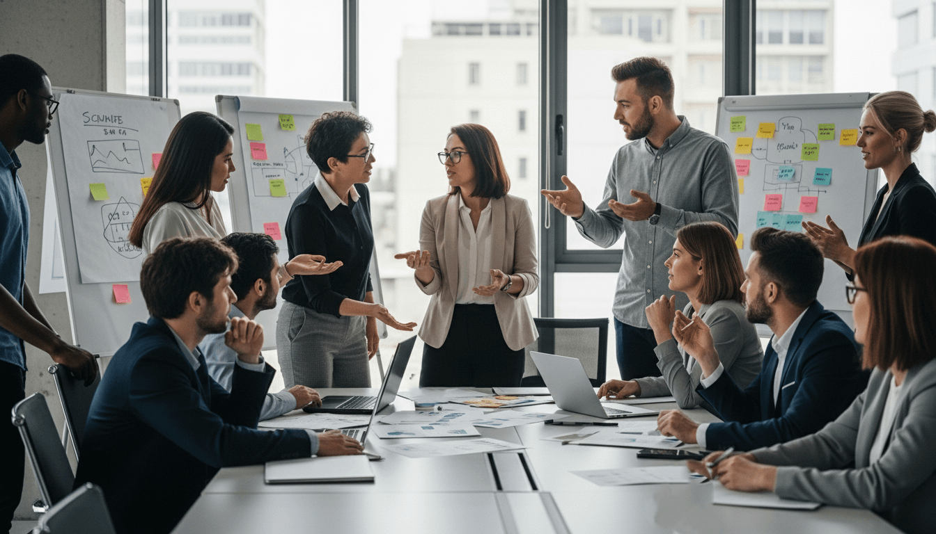 Diverse business team discussing ideas around a conference table with laptops and charts on whiteboards.