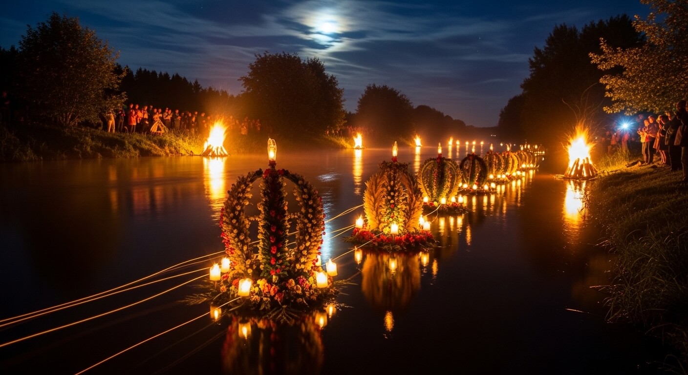 Floating floral wreaths with candles on a river at night during a lantern festival with spectators and bonfires on the banks.