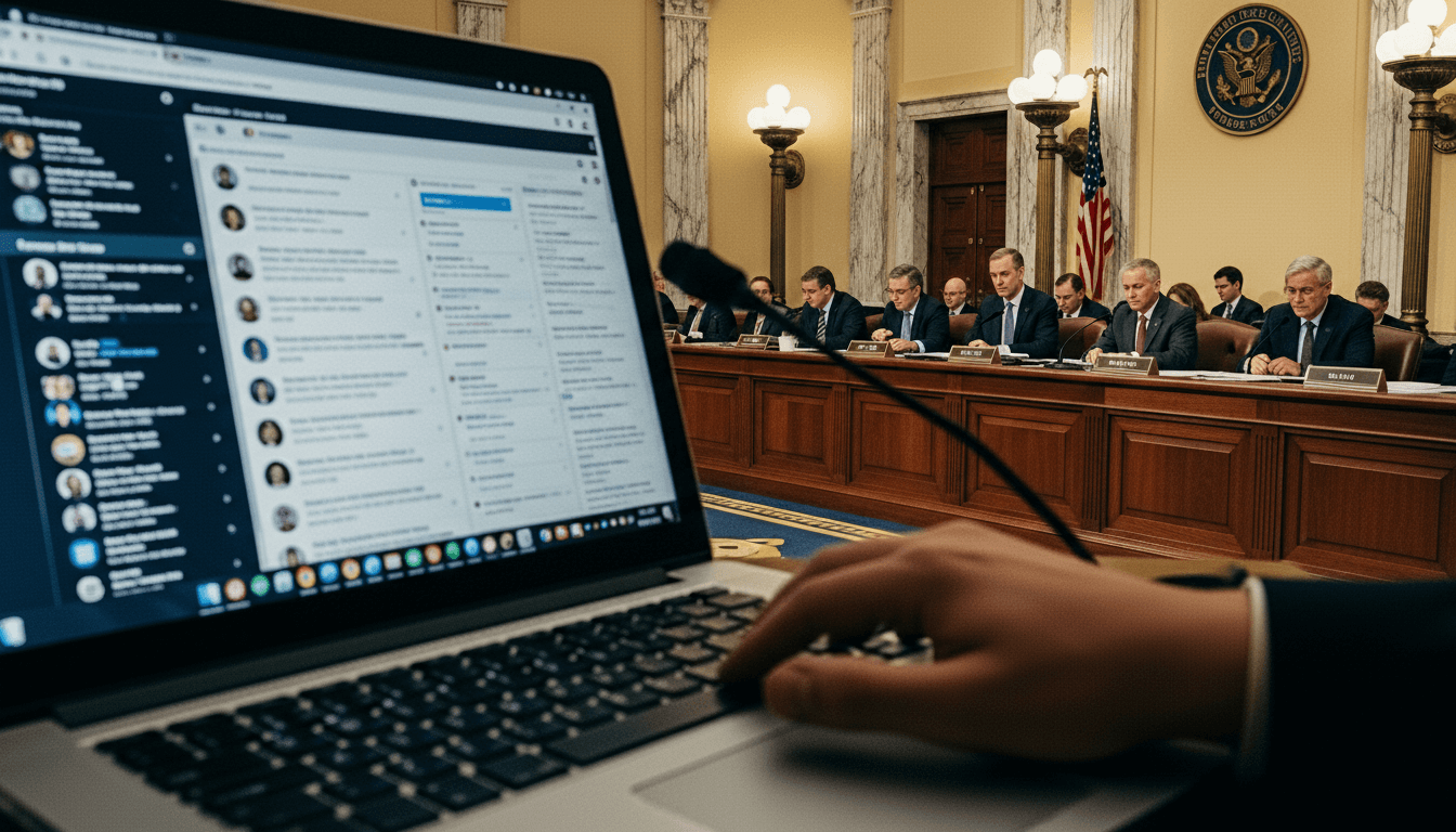 Person using laptop with messaging app open during a formal government hearing with officials seated at a long table