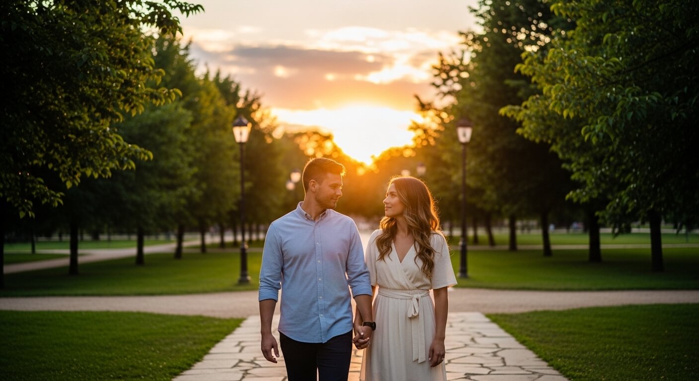 Couple holding hands and walking on a park path at sunset surrounded by trees and lampposts.