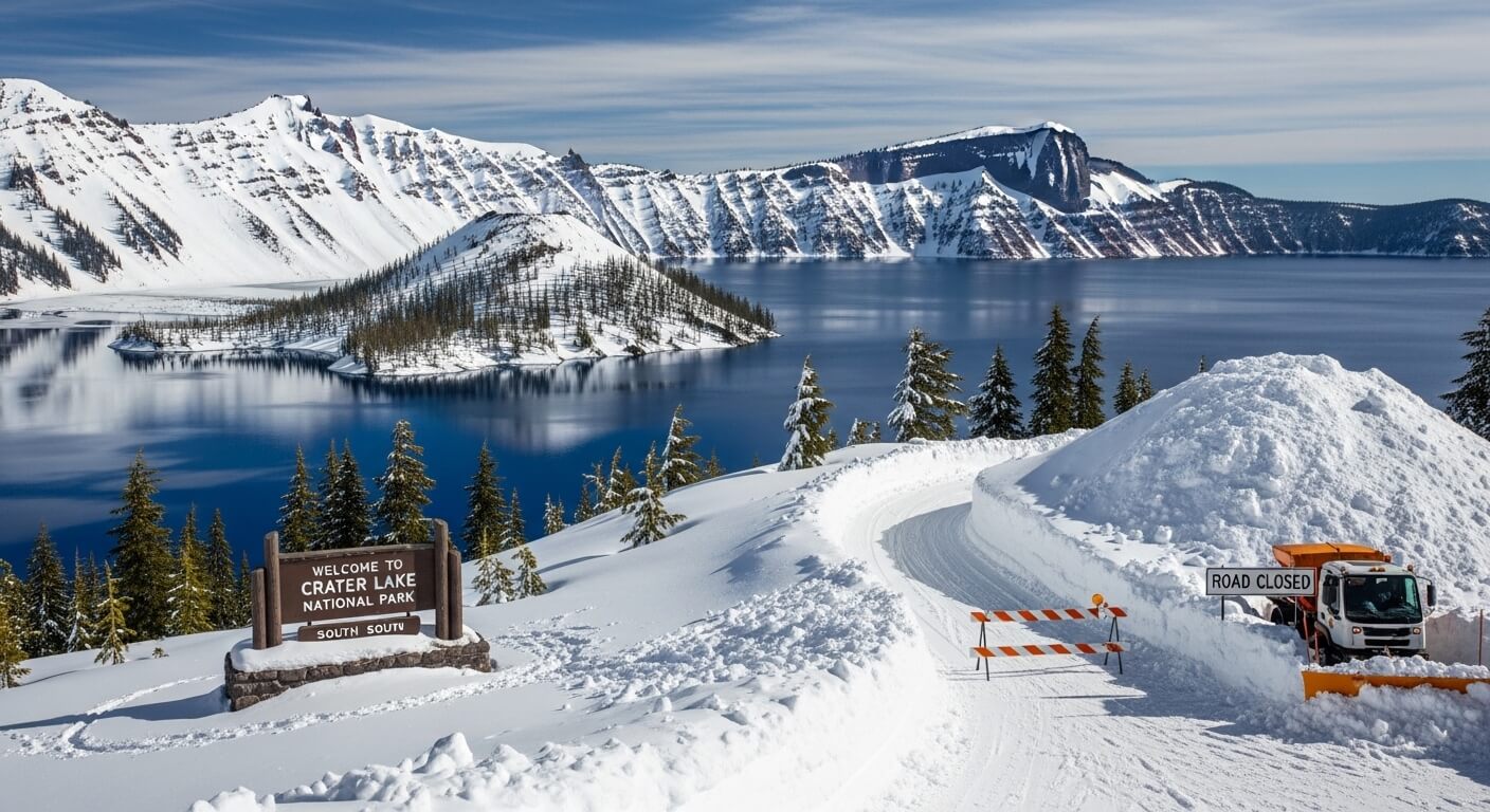 Snow-covered Crater Lake National Park with a road closed sign and snowplow clearing snow on the path