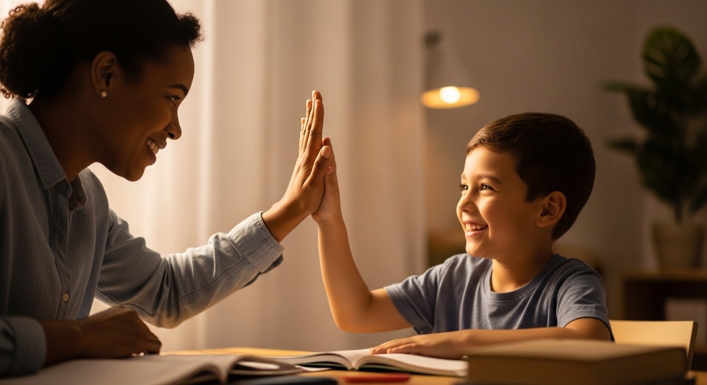 Woman and boy smiling and giving a high five while sitting at a table with open books.