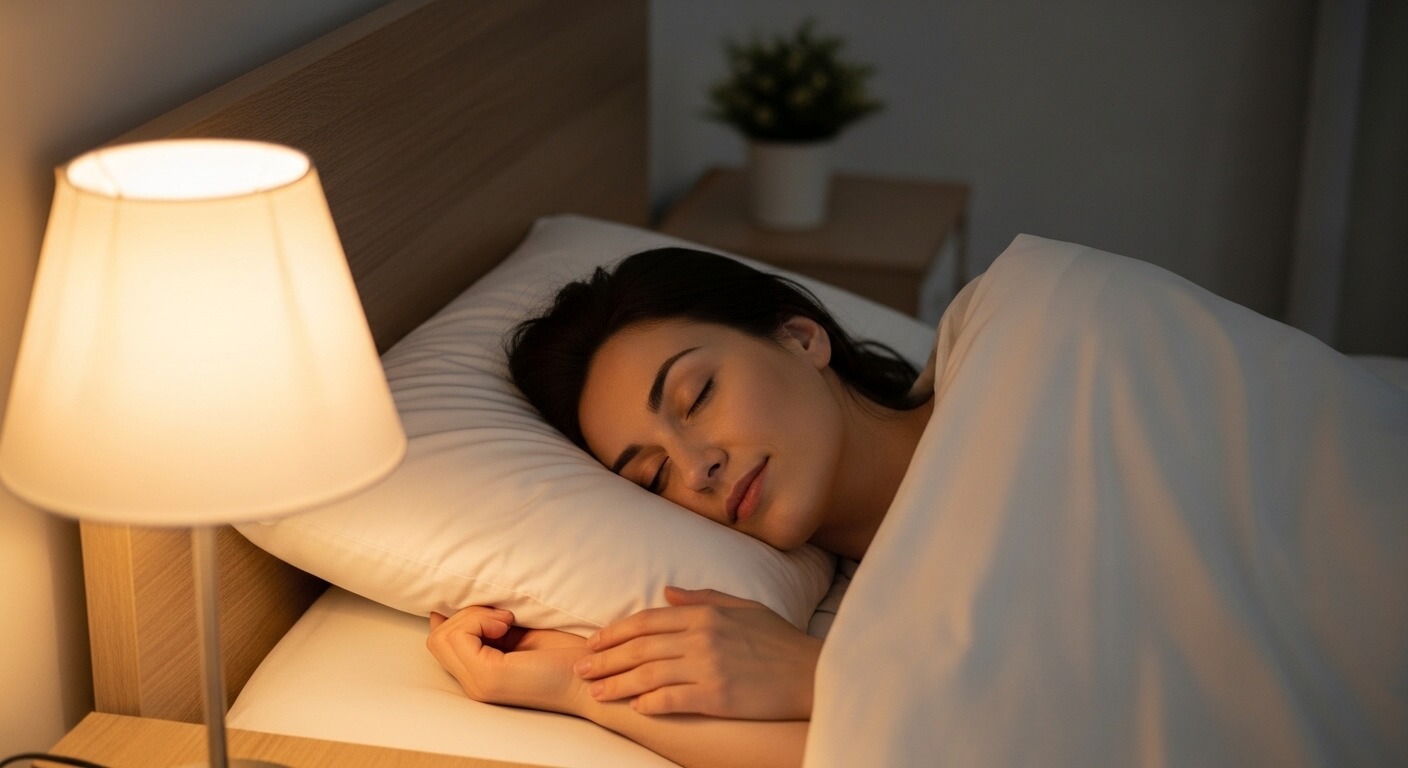 Woman sleeping peacefully in bed with a bedside lamp glowing warmly nearby