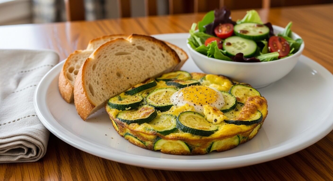 Zucchini frittata topped with a fried egg, two slices of bread, and a side salad with cucumber and cherry tomatoes